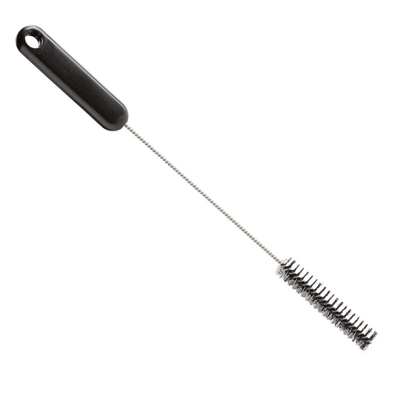 De Haug Bürsten KG ROHRBÜRSTE, ø 0,35MM HARD, 305Xø15X80MM heeft een lange gedraaide metalen steel, een zwart kunststof handvat en stevige cilindrische borstelharen - ideaal voor het reinigen van buizen en het verwijderen van hardnekkig vuil.