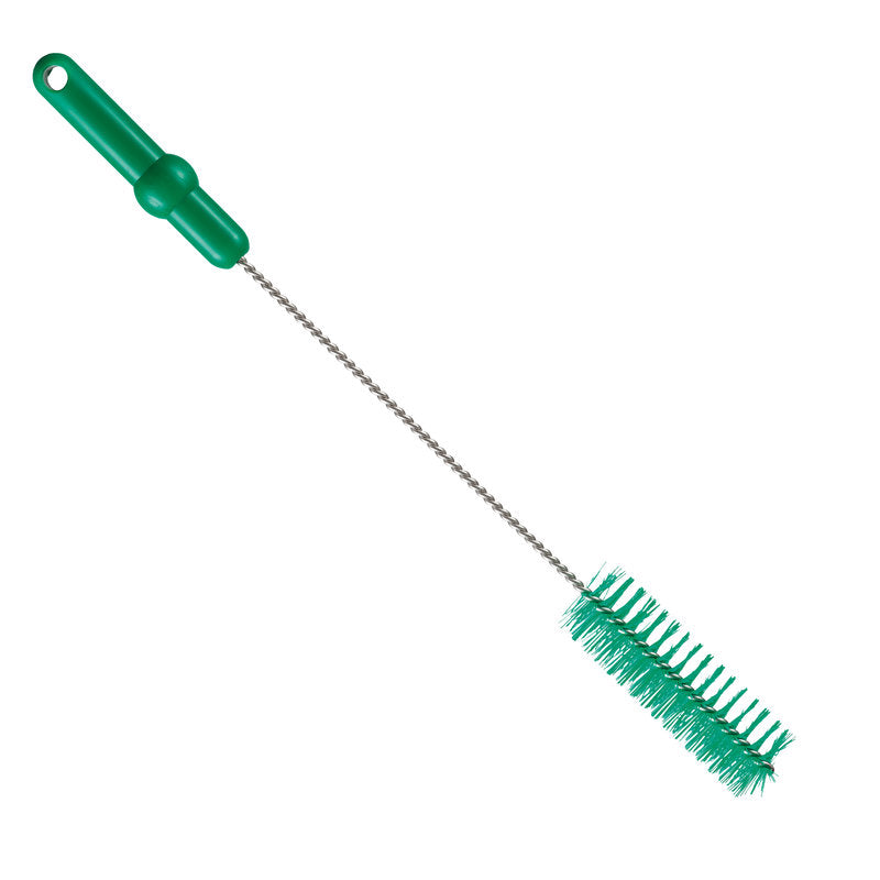 De Haug Bürsten KG ROHRBÜRSTE, ø 0,50MM MITTEL, 500Xø40MM heeft een groene handgreep, stijve borstelharen en een lange gedraaide metalen steel voor de effectieve reiniging en buisverzorging in smalle containers.