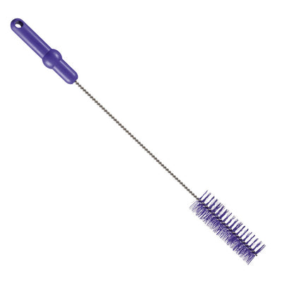 De Haug Bürsten KG ROHRBÜRSTE, ø 0,50MM MITTEL, 500Xø40MM heeft een paarse kunststof handgreep, een lange gedraaide metalen steel en dichte cilindrische paarse borstelharen, ideaal als reinigingsborstel voor buizen en op een witte achtergrond.