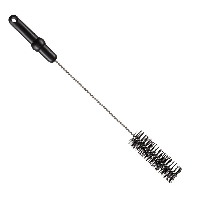 De ROHRBÜRSTE, ø 0,50MM MITTEL, 500Xø40MM van Haug Bürsten KG heeft een zwarte kunststof handgreep, een gedraaide metalen schacht en dichte cilindrische zwarte borstelharen - ideaal als buisreinigingsborstel. Afgebeeld geïsoleerd op een witte achtergrond.