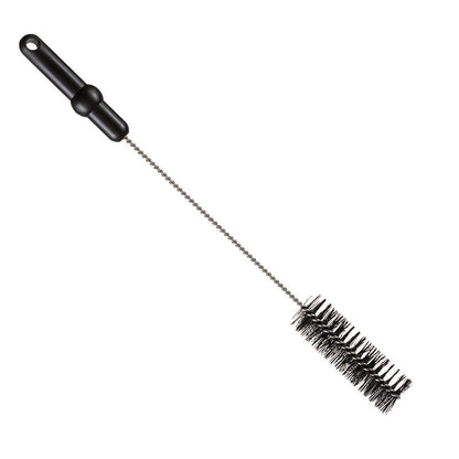 De ROHRBÜRSTE, ø 0,50MM MITTEL, 500Xø40MM van Haug Bürsten KG heeft een zwarte kunststof handgreep, een gedraaide metalen schacht en dichte cilindrische zwarte borstelharen - ideaal als buisreinigingsborstel. Afgebeeld geïsoleerd op een witte achtergrond.