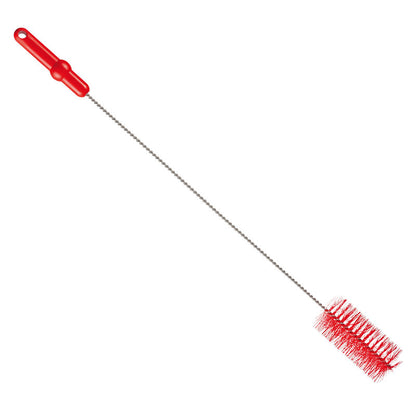 De Haug Bürsten KG BUISBORSTEL, ø 0,50MM MEDIUM 700Xø 60MM heeft een rood handvat, een lange metalen schacht en rode borstelharen - ideaal voor het reinigen van buizen. Afgebeeld op een witte achtergrond.