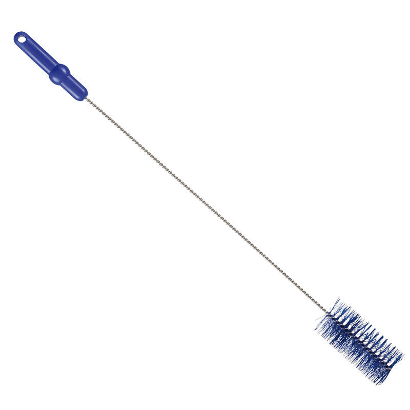 De BUISBORSTEL, ø 0,50MM MEDIUM 700Xø 60MM van Haug Bürsten KG heeft een blauw kunststof handvat, een lange metalen steel en cilindrische blauwe borstelharen aan een uiteinde - ideaal voor het reinigen van buizen - tegen een witte achtergrond.