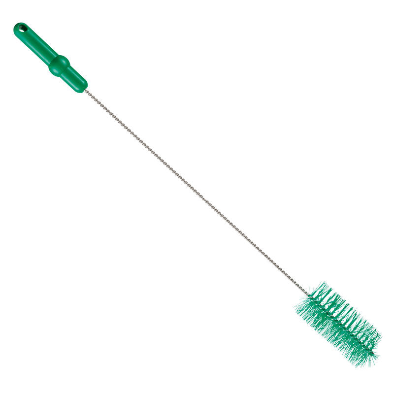 De Haug Bürsten KG BUISBORSTEL, ø 0,50MM MEDIUM 700Xø 60MM heeft een groen kunststof handvat, een gedraaide metalen steel en dichte groene borstelharen voor het reinigen van buizen, afgebeeld tegen een witte achtergrond.