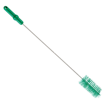 De Haug Bürsten KG BUISBORSTEL, ø 0,50MM MEDIUM 700Xø 60MM heeft een groen kunststof handvat, een gedraaide metalen steel en dichte groene borstelharen voor het reinigen van buizen, afgebeeld tegen een witte achtergrond.
