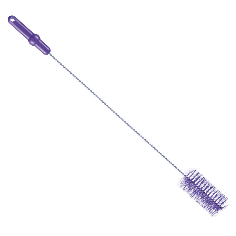 De BUISBORSTEL ø 0,50MM MEDIUM 700Xø60MM van Haug Bürsten KG is een lange, smalle borstel met een paars kunststof handvat en cilindrische borstelharen, ideaal voor het reinigen van buizen, afgebeeld tegen een witte achtergrond.