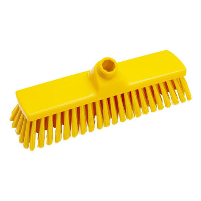 De Haug Bürsten KG BEZEM, PBT ZACHT 300X70X50MM, ONGESPLETEN is een duurzame gele borstelkop met zachte synthetische borstelharen en een centraal bevestigingsgat, ontworpen voor een effectieve vloerreiniging.