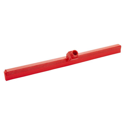 De Haug Bürsten KG WASSERWISSER, VOEDSELKWALITEIT 1-LIPPIG (620x35x25mm) heeft een rood kunststofblad met centrale stekker, ideaal voor hygiënische reiniging en perfect voor het afvegen van oppervlakken in de voedingsmiddelenindustrie.