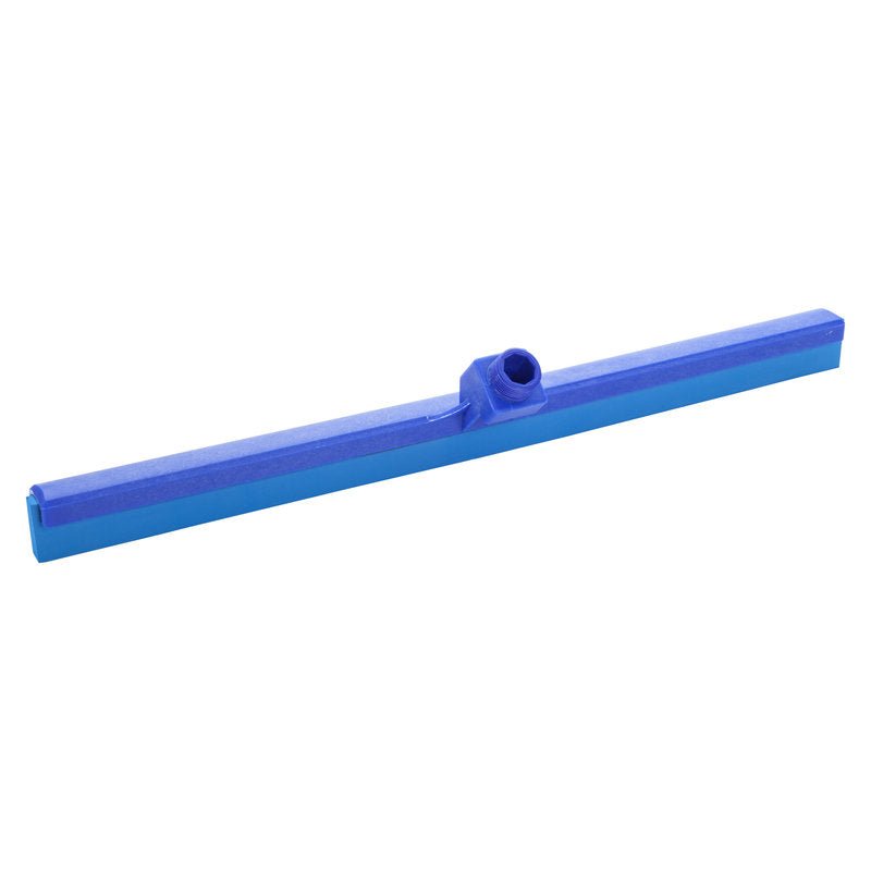 De Haug Bürsten KG WASSERWISSER, VOEDSELKWALITEIT 1-LIPPIG (620x35x25mm) is een blauwe kunststofrakel met centrale bus voor hygiënische reiniging, ideaal voor de voedingsmiddelenindustrie. Afgebeeld op witte achtergrond.