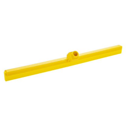 De Haug Bürsten KG WASSERWISSER, VOEDSELKWALITEIT 1-LIPPIG, 620X35X25MM is een gele kunststof waterwisser met centrale handgreepbevestiging, ideaal voor hygiënische reiniging in de voedingsmiddelenindustrie, afgebeeld op witte achtergrond.