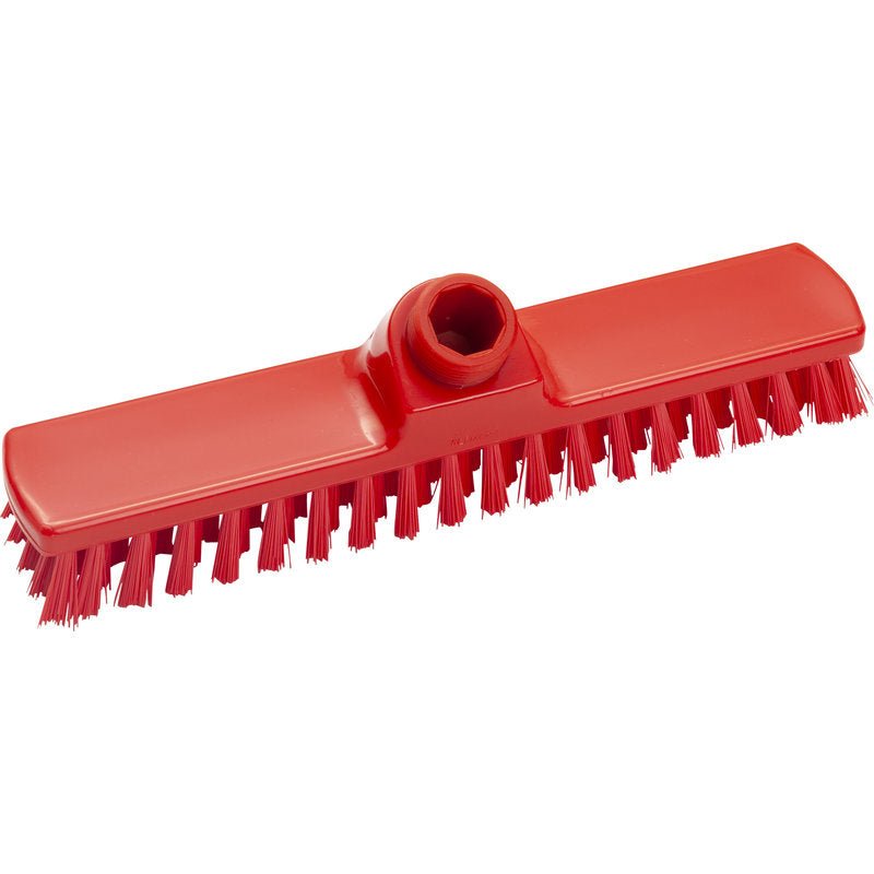 De WISCHER, ø 0,50 MM HARD, 280x50x26 mm van Haug Bürsten KG is een rode rechthoekige schrobkop met stevige borstelharen en centrale steelopening - ideaal voor grondige huishoudelijke reiniging.