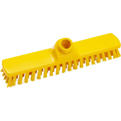 De WISCHER, ø 0,50 MM HARD, 280X50X26 MM van Haug Bürsten KG is een gele, rechthoekige borstelkop met stijve borstelharen en een centrale bus voor de steelbevestiging, ideaal voor de huishoudelijke reiniging. Afgebeeld schoon op een witte achtergrond.