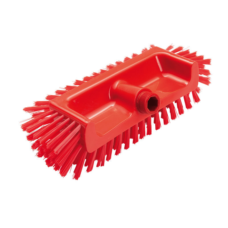 De ECKENSCHRUBBER Ø0,50MM MEDIUM (320x125x40-50mm) van Haug Bürsten KG is een rood reinigingsgereedschap met stevige, naar buiten gekantelde borstelharen en schroefdraadgat - ideaal voor moeilijk bereikbare hoeken.