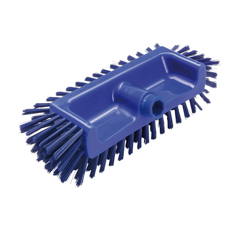 De ECKENSCHRUBBER Ø0,50MM MEDIUM van Haug Bürsten KG (320x125x40-50mm) van blauw kunststof met stevige borstelharen aan de zijkanten en onderkant reinigt moeilijk toegankelijke hoeken en heeft een schroefdraadgat voor een steel.