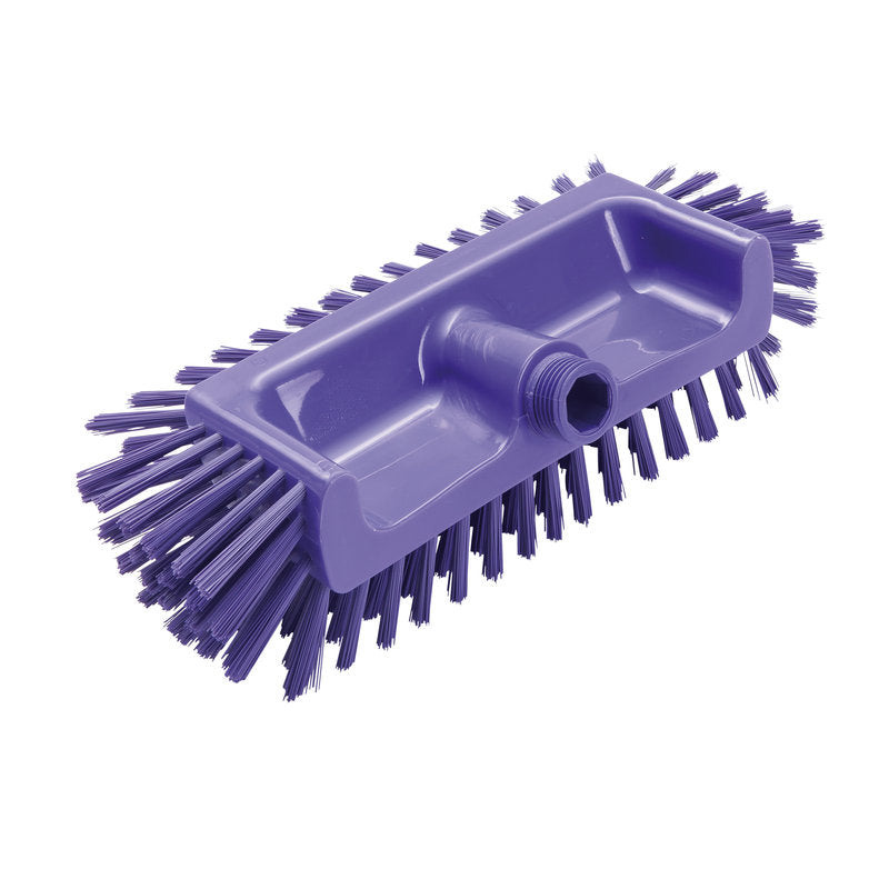 De ECKENSCHRUBBER Ø0,50MM MEDIUM van Haug Bürsten KG (320x125x40-50mm) is een paarse, hoekige schrobber met stevige randborstelharen en centraal schroefdraadgat - ideaal voor het reinigen van moeilijk bereikbare hoeken. Foto voor witte achtergrond.