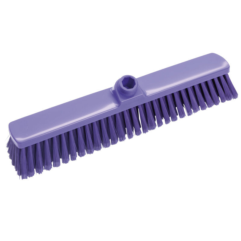 De GROTE RUIMTEBEZEM, ZACHT 400X60X50MM van Haug Bürsten KG is een paarse bezem met zachte borstelharen en een centrale bus voor de steelbevestiging, ideaal voor de efficiënte reiniging van grote oppervlakken.