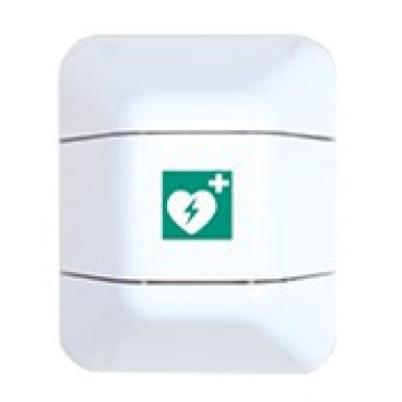 De Novocal help Defibrillator-kast van kunststof van Novocal is een witte, aan de muur gemonteerde Defibrillator-kast met een groen hart, een bliksemschicht en een plusteken dat wijst op de opslag van de defibrillator.