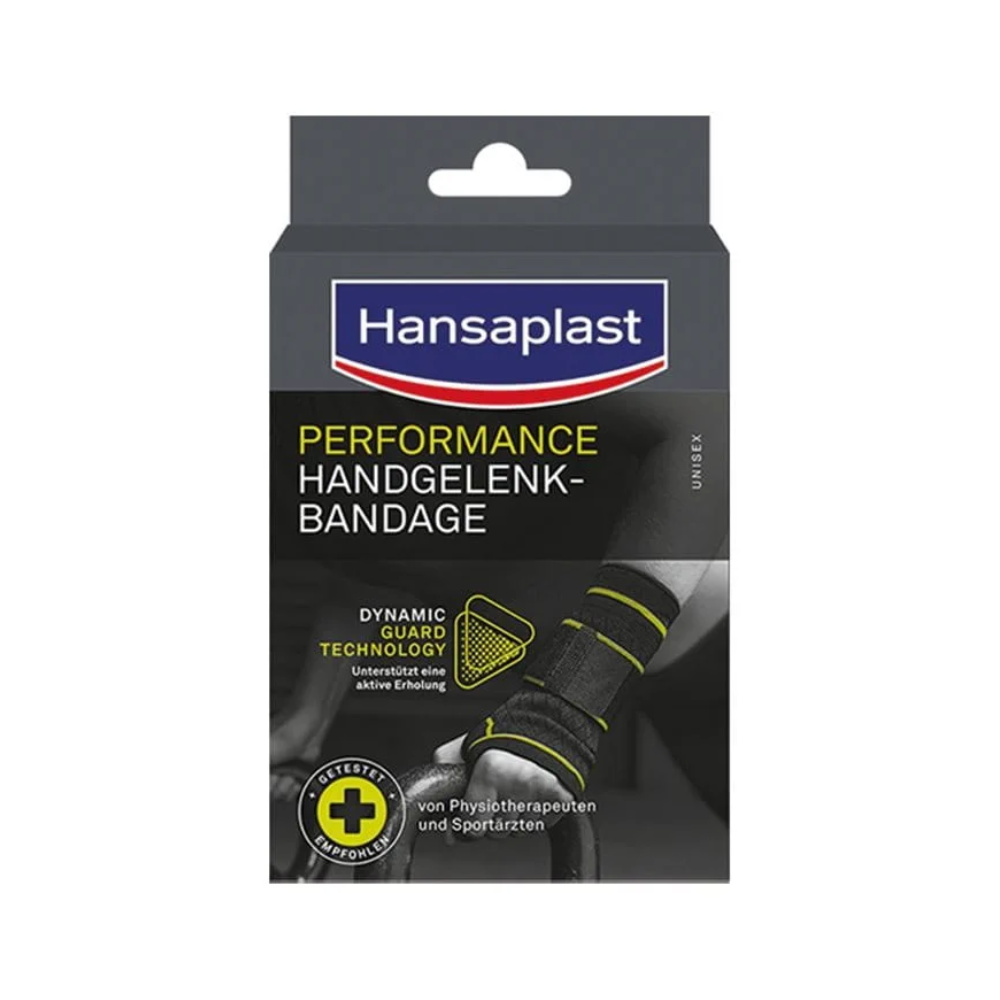 Verpakking van de Hansaplast Performance polsbandage van Beiersdorf AG met een zwart-gele polsbandage. Op de verpakking zijn productdetails en merknamen te zien, die Dynamic Recovery Knit en actieve kleding benadrukken.