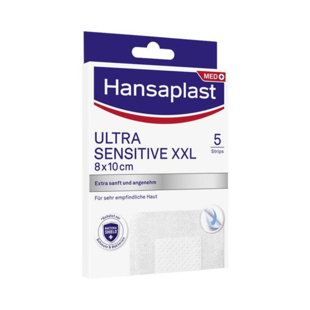 Een afbeelding van een Beiersdorf AG Hansaplast Sensitive XXL, bijzonder huidvriendelijk 8 x 10 cm | Verpakking (5 stuks)-doos. De strips zijn ontworpen voor zeer gevoelige huid. De overwegend wit-blauwe doos bevat tekst in het Duits en Engels.