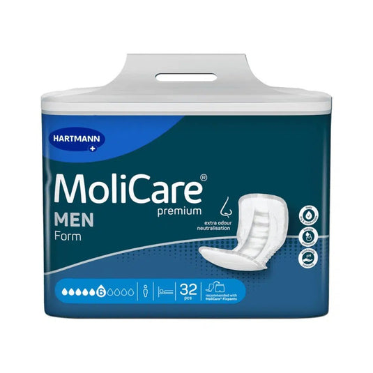 Een blauw-witte verpakking MoliCare Premium Form MEN-inlegkruisjes, 6 druppels (32 stuks) van Paul Hartmann AG, afgebeeld met een productfoto, symbolen en tekst waarin de extra geurneutralisatie en de huidneutrale pH-waarde voor mannen worden benadrukt.