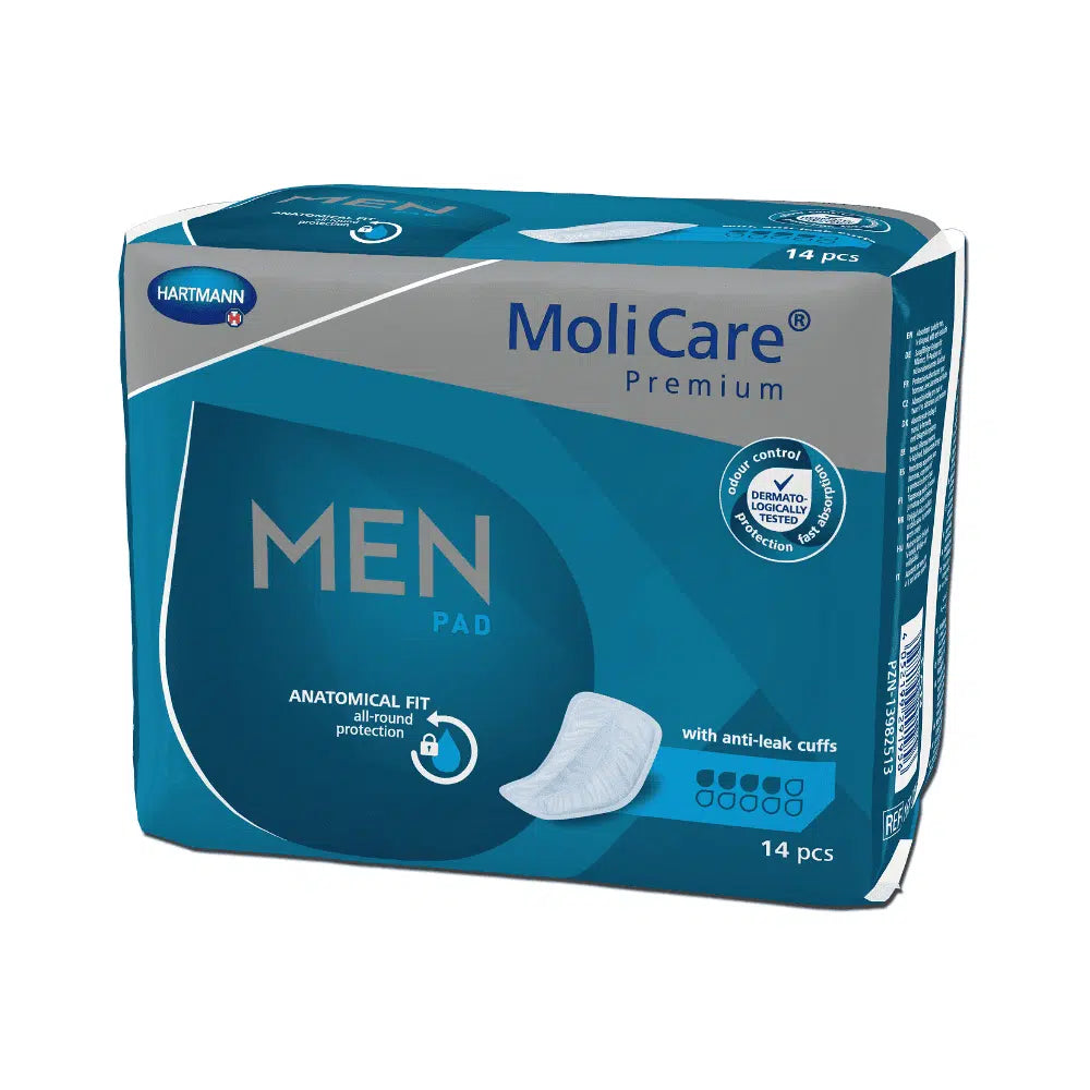 Een pak Hartmann MoliCare® Premium MEN PAD Inlegkruisje - 14 stuks, bevat 14 stuks. De doos is blauw en wit en benadrukt de anatomische pasvormbescherming met anti-lekrandjes geoptimaliseerd voor blaaszwakte.