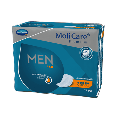 Een pak Hartmann MoliCare® Premium MEN PAD Inlegkruisje, bestaande uit 14 stuks met anatomische pasvormbescherming en lekvrije randjes. De verpakking is overwegend blauw met tekst en logo's in oranje en wit. Gemaakt door Paul Hartmann AG.