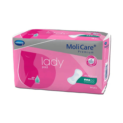 Een pak Hartmann MoliCare® Premium lady pad inlegkruisjes met 14 stuks. De roze verpakking toont een productafbeelding en is voorzien van de tekst „zacht en discreet“ met een absorptievermogen van 4 druppels, ideaal voor lichte incontinentie, en een „huidvriendelijk“-symbool. Paul Hartmann AG
