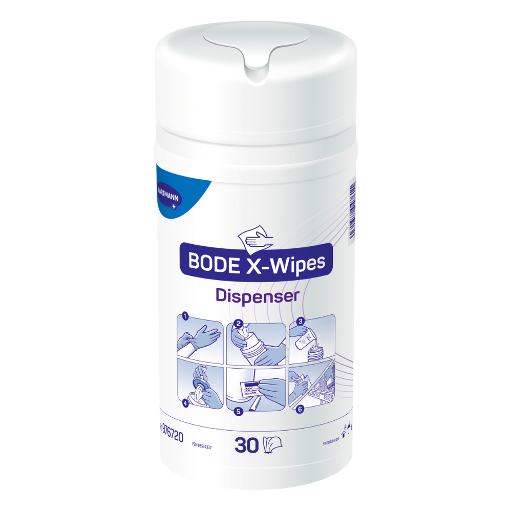 Productafbeelding van een Hartmann BODE X-Wipes desinfectiedispenser met 30 doeken, met symbolen die verschillende gebruiksmogelijkheden en gebieden zoals gezondheidszorg en oppervlakken illustreren, op een wit-paars etiket van Paul Hartmann AG.