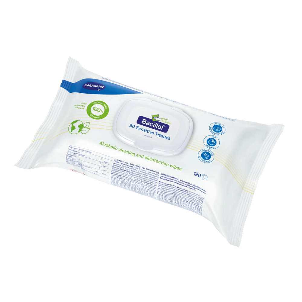 Een verpakking Hartmann Bacillol® 30 Sensitive Green Tissues Snelle Desinfectiedoekjes | Verpakking (120 doekjes) van Paul Hartmann AG. De witte verpakking heeft blauwe en groene accenten en bevat een tekst die aangeeft dat het 120 op alcohol gebaseerde, milieuvriendelijke reinigings- en desinfectiedoekjes bevat. Aan de voorkant bevindt zich een hersluitbaar etiket met productinformatie.