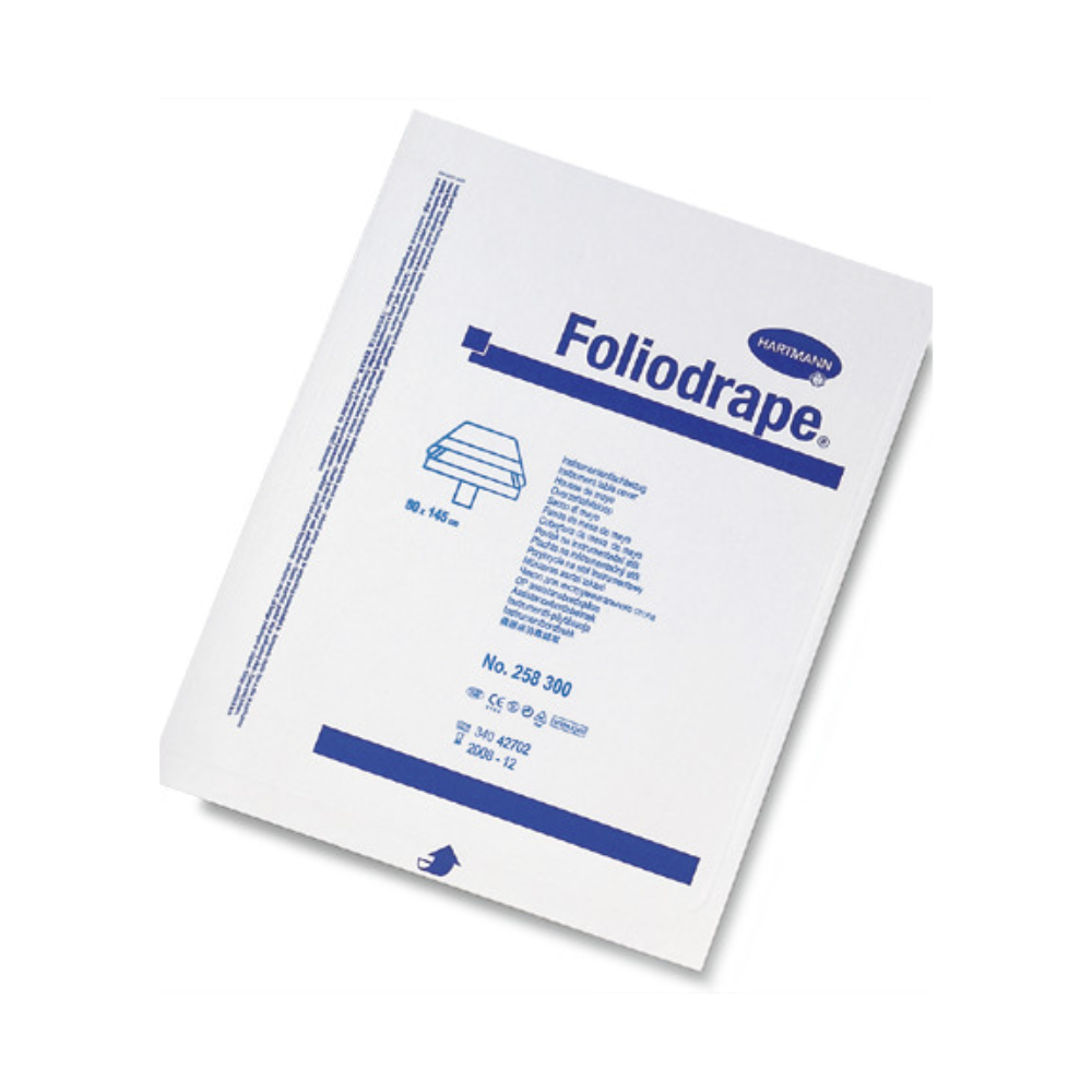 Een verzegelde verpakking van Hartmann Foliodrape® instrumententafel-overtrekken van Paul Hartmann AG met blauwe tekst en afbeeldingen op een witte achtergrond, die productinformatie en het identificatienummer '250 390' bevatten.