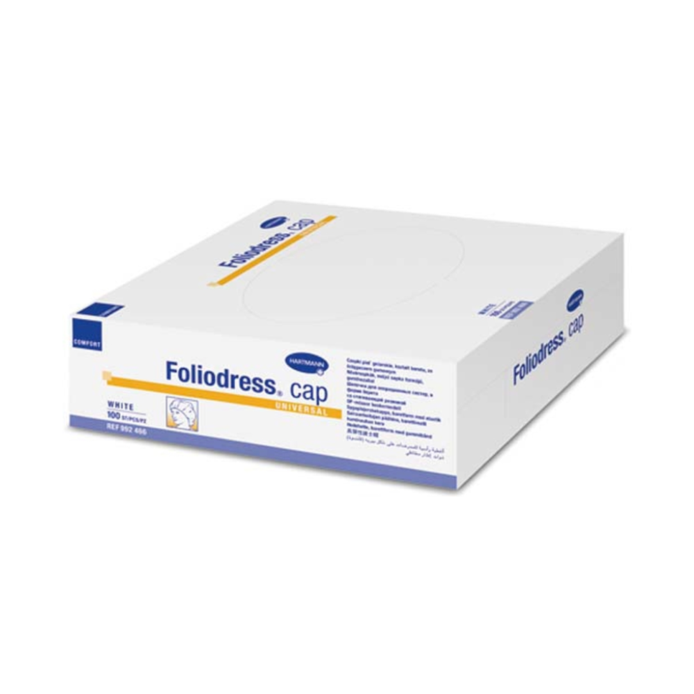 Een gesloten wit-blauwe doos met het opschrift 'Paul Hartmann AG Foliodress® Cap 'universeel' Comfort OK-mutsen wit' bevat vliesmutsen en aan de zijkant een tekst met gedetailleerde producteigenschappen.