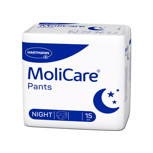 De Hartmann MoliCare Pants Night-incontinentiebroekjes van Paul Hartmann AG zijn verkrijgbaar in een onopvallende wit-blauwe verpakking met halve manen en sterren en het opvallende opschrift „Night“. Ze zijn ontworpen voor urine-incontinentie, bieden discrete bescherming en worden geleverd in verpakkingen van 15 stuks.