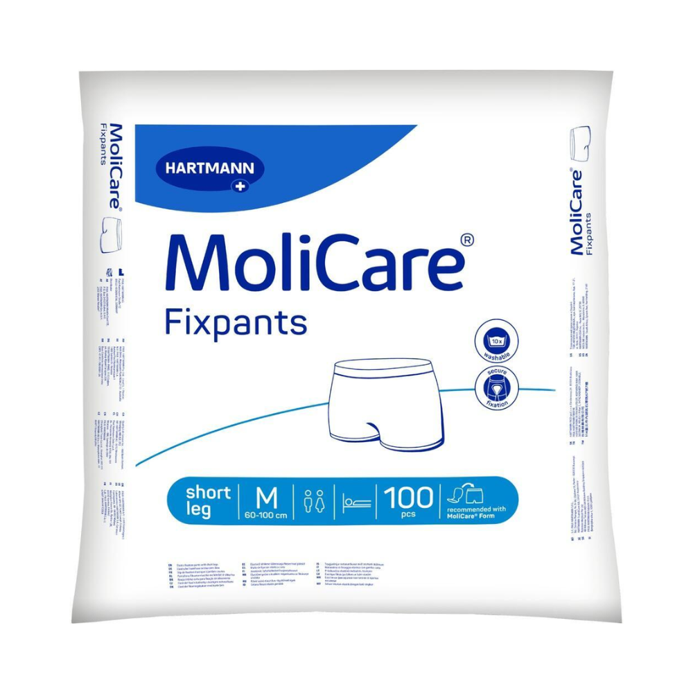 Een verpakking Hartmann MoliCare® Fixpants korte netbroek van de Paul Hartmann AG bevat 100 stuks in maat M, ideaal voor de veilige en comfortabele fixatie van incontinentie-inleggers. De witte verpakking is voorzien van blauwe accenten en duidelijke maatsymbolen.