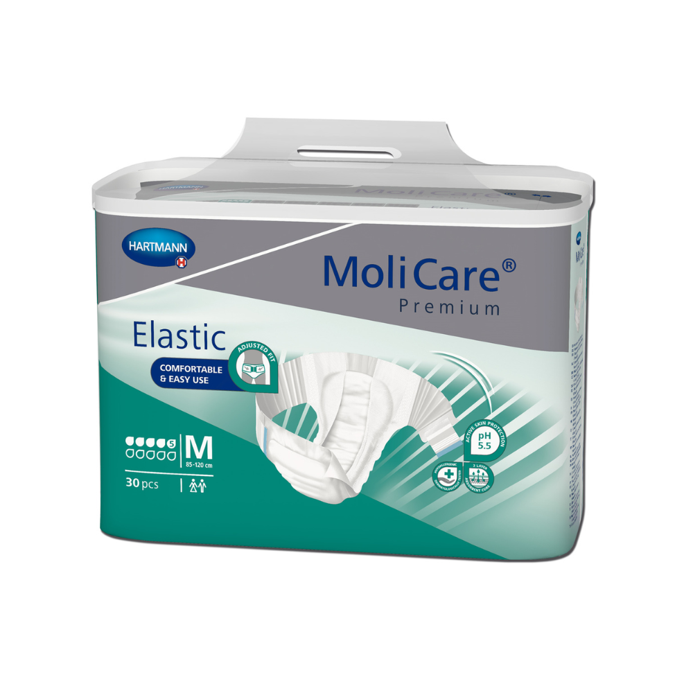Een pak middelgrote volwassenenluiers MoliCare® Premium Elastic 5 druppels van Paul Hartmann AG. De driedelige verpakking benadrukt op de overwegend blauwgroene en witte verpakking het comfort en het gebruiksgemak.