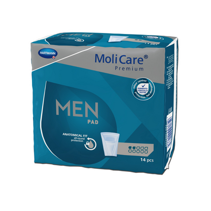 Een blauwe verpakking met Hartmann MoliCare® Premium MEN PAD Inlegkruisje - 14 stuks, met anatomische pasvorm voor optimale bescherming. Op de verpakking zijn ook symbolen te zien die wijzen op producteigenschappen.