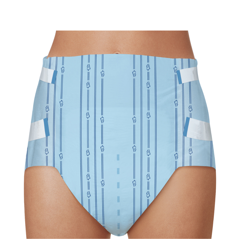 Lichtblauw incontinentieondergoed met strepenpatroon en kleine symbolen, afgebeeld van de taille tot de dijen op een witte achtergrond. Deze Paul Hartmann AG MoliCare® Slip maxi 9 druppels biedt zeer hoge bescherming.