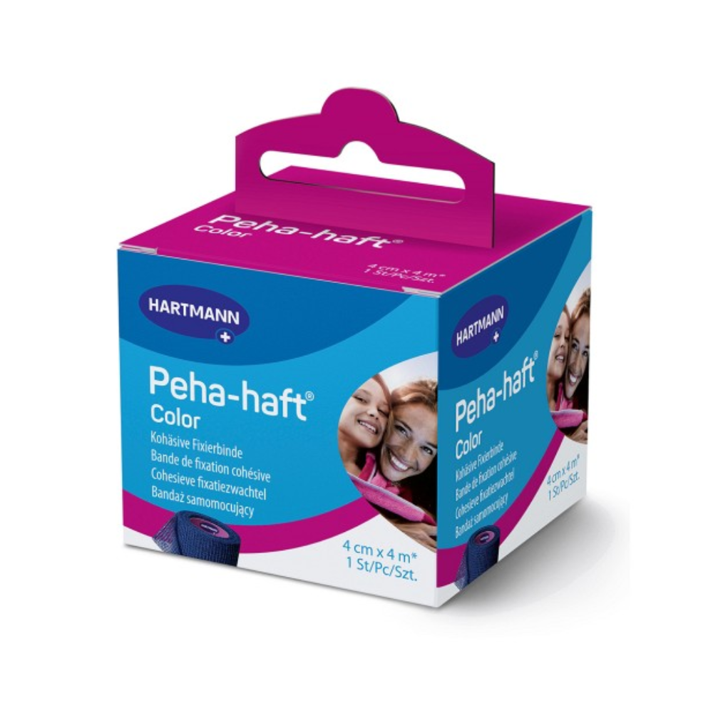 Een productverpakking van "Hartmann Peha-haft Color elastische fixatiewindsel, blauw", met afbeeldingen van lachende personen aan de zijkanten. De doos is roze en blauw, wat 4 cm x 4 m betekent, van de Paul Hartmann AG.