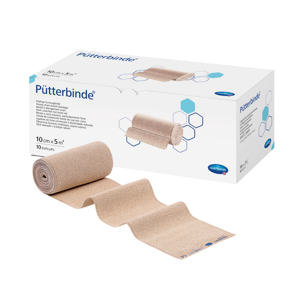 Een karton met compressieverbanden van het merk Hartmann Pütter-Verband® op een witte ondergrond, naast de doos ligt een gedeeltelijk uitgerold verband.