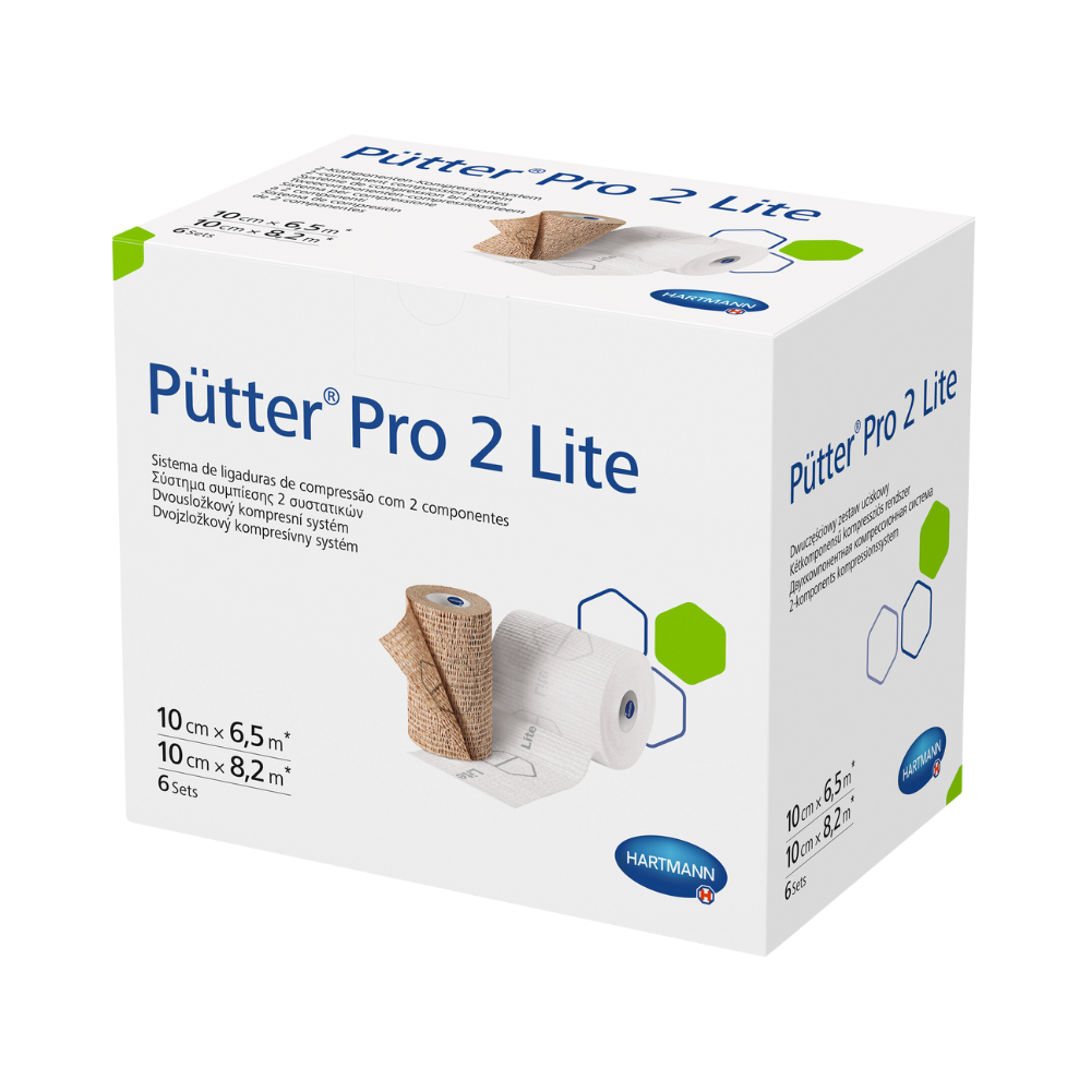 Een productdoos voor het Hartmann Pütter® Pro 2 Lite compressieverbandset-systeem, die informatie over de productafmetingen en het gebruik weergeeft tegen een witte achtergrond. De doos is wit met blauwe en groene accenten.