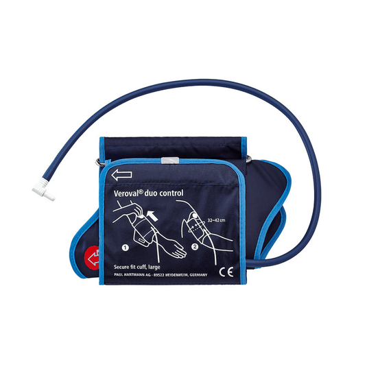 Blauwe bloeddrukmanchet van Paul Hartmann AG Hartmann Veroval® DUO CONTROL-manchetten, Large | Verpakking (1 stuk), met illustratieve gebruiksaanwijzing en een manchetontwerp dat goed aansluit, geschikt voor een bovenarmomtrek van 32–42 cm.