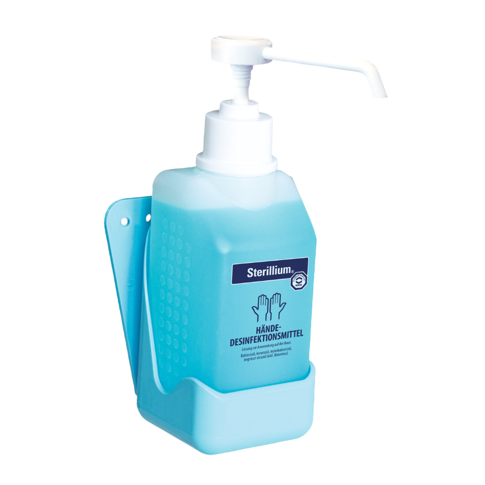 Een 2-pack Hartmann wandhouder handen van de Paul Hartmann AG, ontworpen voor 500 ml flessen, kleur blauw. Inclusief bevestigingsmateriaal voor wandmontage; geschikt voor veilig en comfortabel gebruik als dispenser.
