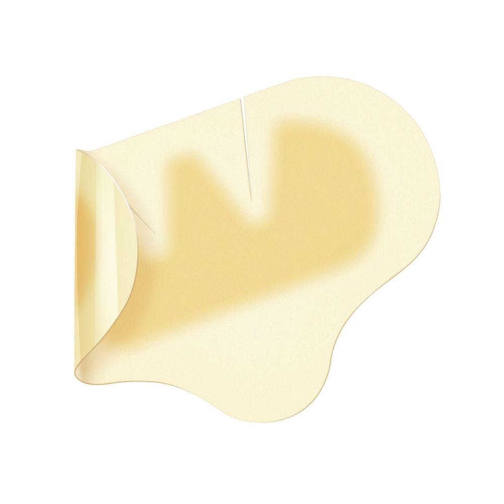 Afgebeeld is een Hartmann Hydrocoll® Classic Concave steriel 8 x 12 cm verband van Paul Hartmann AG op een witte achtergrond, een hoek opgetild - ideaal voor vochtige wondbehandeling ter ondersteuning van granulatie en epithelisatie. Verpakking (10 stuks).