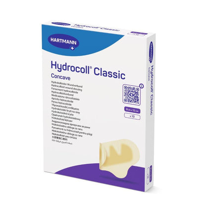 Box Hartmann Hydrocoll® Classic Concave steriel (8 x 12 cm, 10 stuks) van Paul Hartmann AG. Ideaal voor vochtige wondbehandeling ter bevordering van granulatie en epithelisatie. Wit-blauwe verpakking met paarse accenten.