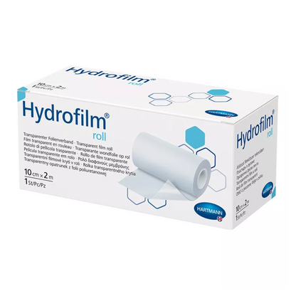 Ein Bild einer Produktverpackung von Hartmann, Hartmann Hydrofilm® roll transparenter Folienverband von Paul Hartmann AG. Die Verpackung enthält Beschreibungen in verschiedenen Sprachen und zeigt ein Bild der Folienrolle.