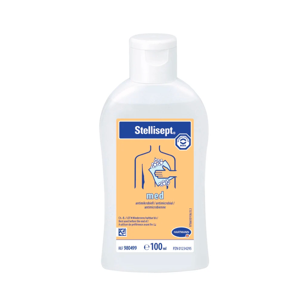 Een fles Hartmann Stellisept® med antimicrobiële waslotion met een blauw-oranje etiket, waarop symbolen en tekst, waaronder een hand en een druppel, als aanwijzing voor het gebruik te zien zijn.