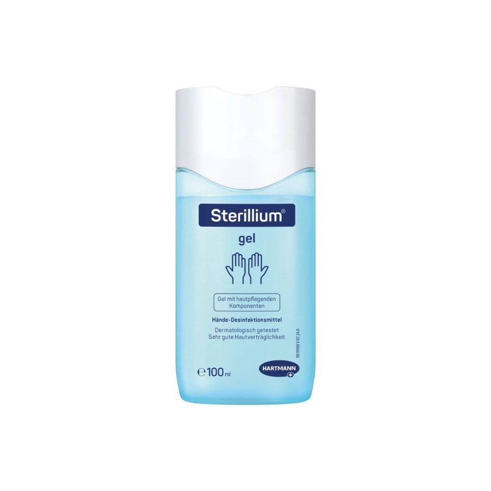 De Hartmann Sterillium®-handdesinfectiegel van Paul Hartmann AG is voorzien van een blauw etiket met wit omlijnde handen en een tekst over de huidvriendelijke samenstelling. De fles van 100 ml is bij uitstek geschikt voor hygiënische handdesinfectie en biedt bescherming onderweg.