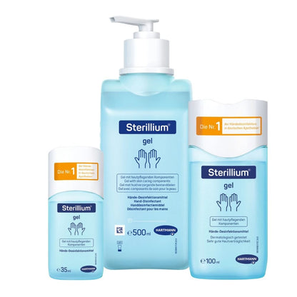 De Hartmann Sterillium® Gel handdesinfectiegel van Paul Hartmann AG is verkrijgbaar in drie flesgroottes – 35 ml, 500 ml en 100 ml – allemaal voorzien van een blauw etiket met witte tekst en een handsymbool. Het product is bij uitstek geschikt voor hygiënische handdesinfectie en is populair in Duitse apotheken.