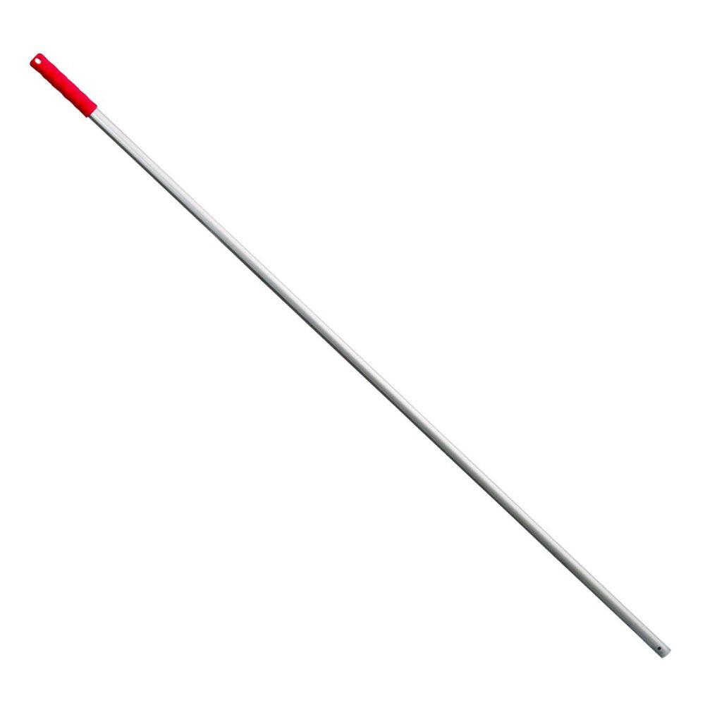 De Haug Bürsten KG Alustiel, een lange, dunne gereedschapssteel van aluminium met een rode handgreep en een klein gaatje aan het einde, is perfect geschikt voor professionele reiniging. Hij is 1450 mm lang, heeft een diameter van 22 mm en wordt als enkel stuk geleverd.