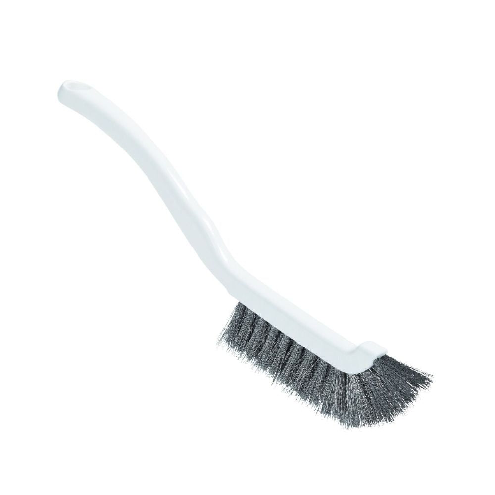 De voegenborstel van Haug Bürsten KG heeft een witte handgreep en zwarte borstelharen voor een veilige grip. Met dichte, schuin geplaatste roestvrijstalen borstelharen is hij ideaal voor effectief schrobben in industriële omgevingen en biedt duurzaamheid en precisie bij elke schoonmaaktaak.