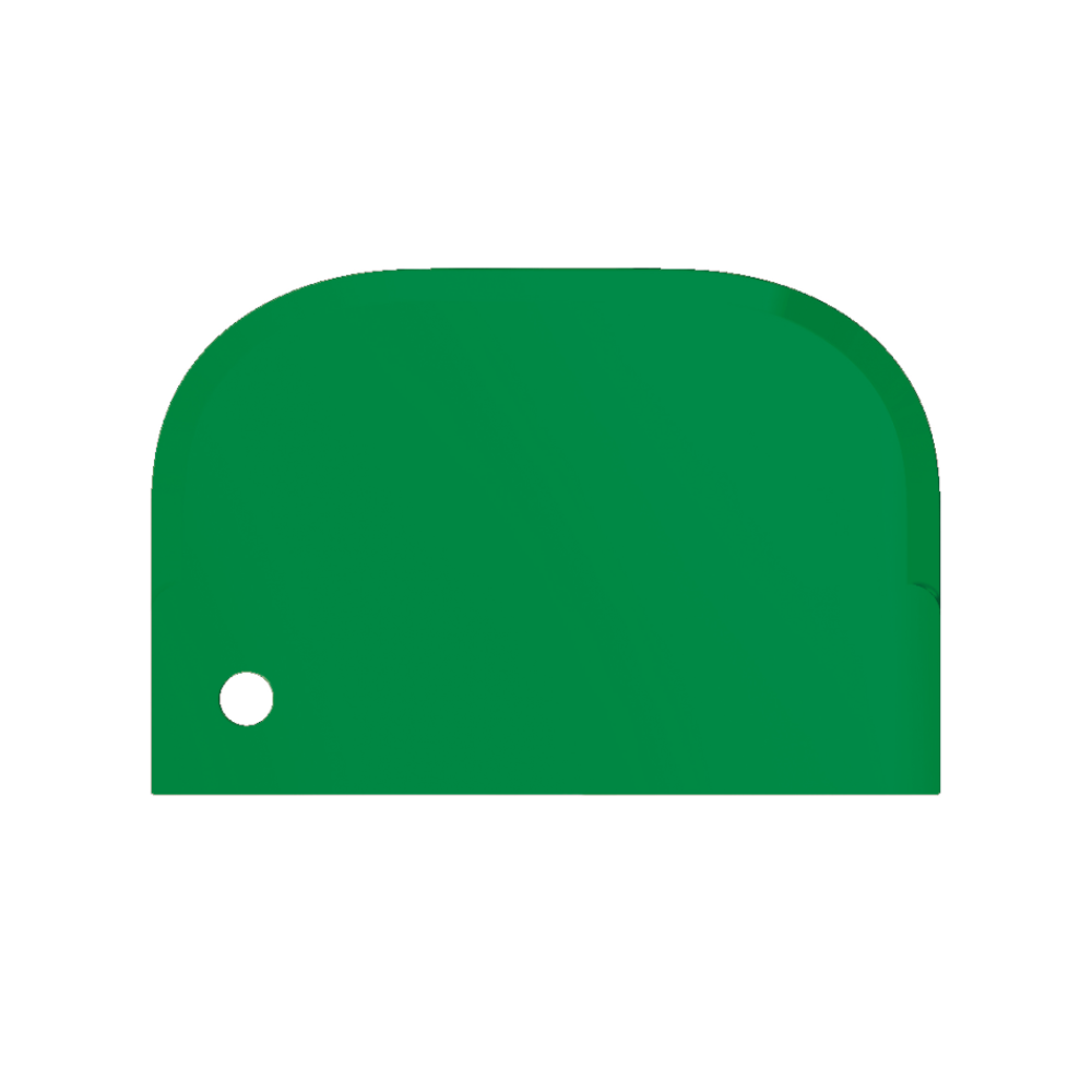 Een eenvoudige groene omtrek van een kroon met een afgeronde bovenkant en een kleine cirkelvormige uitsparing aan de linkerkant, die de geest van het voedselveilige ontwerp vastlegt, vergelijkbaar met de Haug Schaber klein 15 x 10 cm van Haug Bürsten KG.